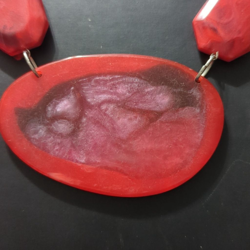 Silver Tone Red Swirl Resin Slice Statement Necklace - Picture 2 of 5